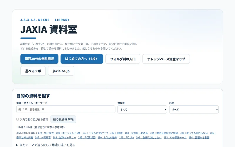 AI導入から技術演習まで約190本のHTML資料を収録した「JAXIA資料室」
